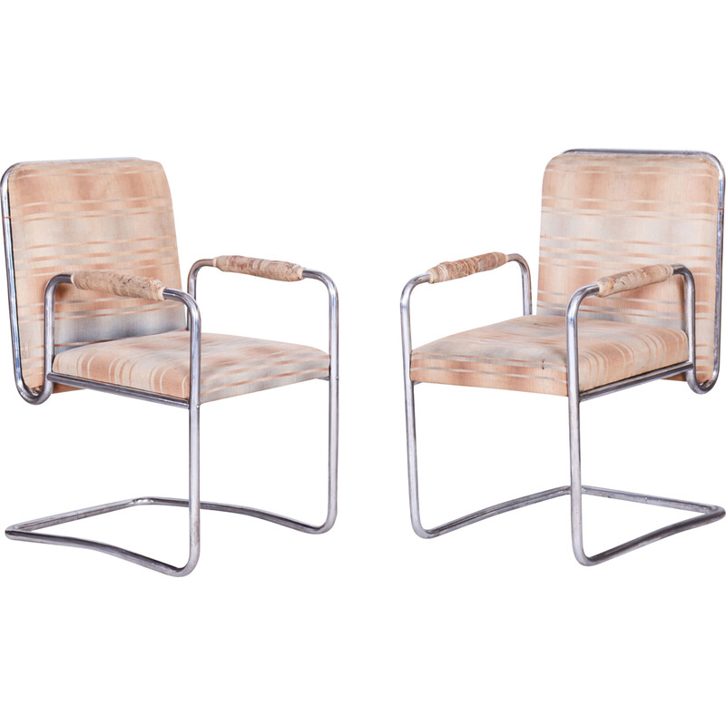 Pair of vintage Bauhaus armchairs in chrome steel and fabric by Karel E. Ort for Hynek Gottwald, Czechoslovakia 1930