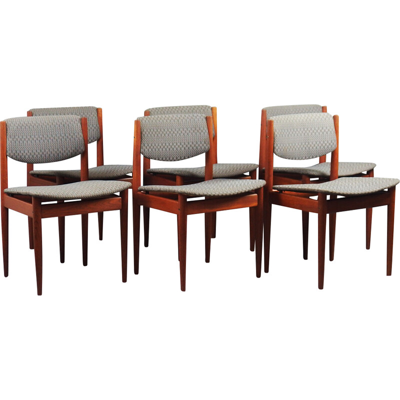 Set of 6 vintage chairs model "197" in teak and fabrics by Finn Juhl for France et Son, Denmark 1960