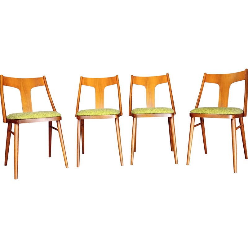 Set of 4 vintage chairs in walnut and green fabric by Miere Topolčany, Czechoslovakia 1960