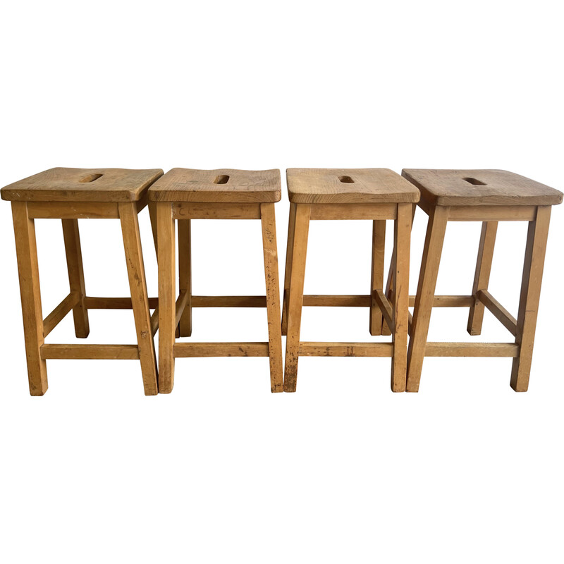 Set of 4 vintage solid oak laboratory stools, UK