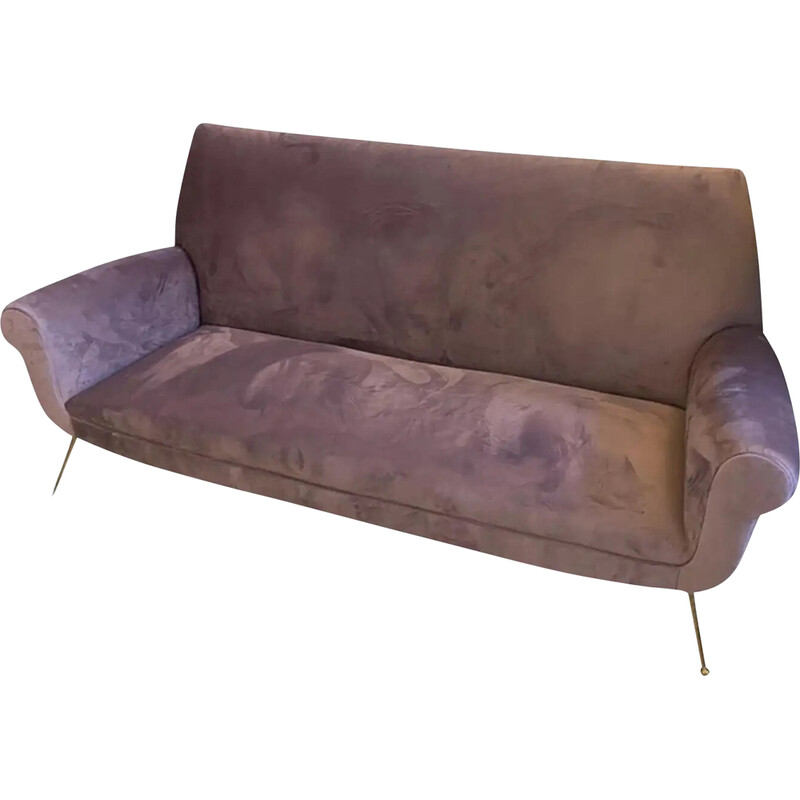 Vintage 3-seater sofa in patinated brass and velvet, Italy 1950
