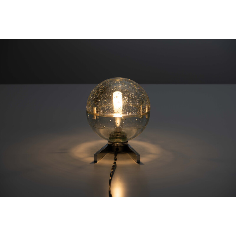Lámpara de sobremesa globo vintage en cristal de Murano y cromo de Albano Poli para Poliarte, 1968