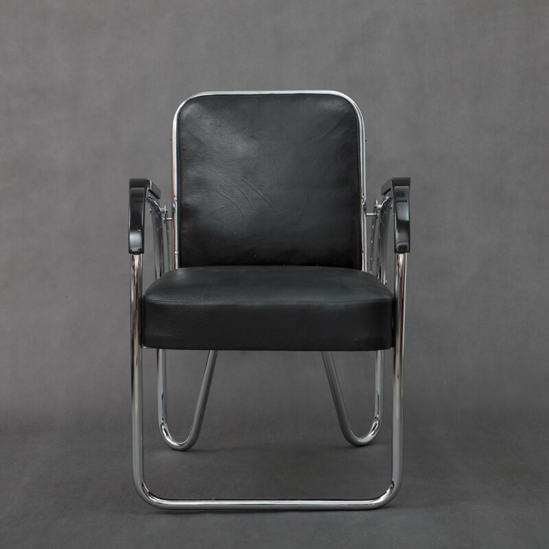 Bauhaus foldable armchair in original black leatherette - 1930s