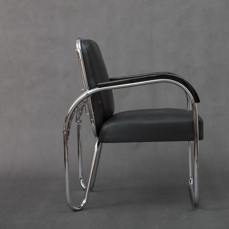 Bauhaus foldable armchair in original black leatherette - 1930s