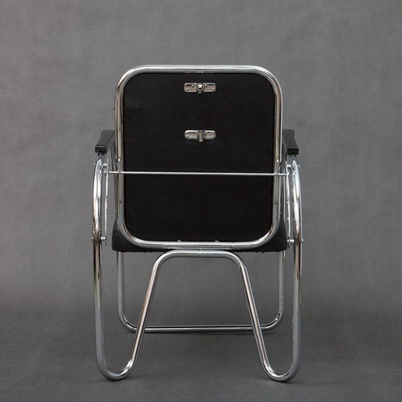 Bauhaus foldable armchair in original black leatherette - 1930s