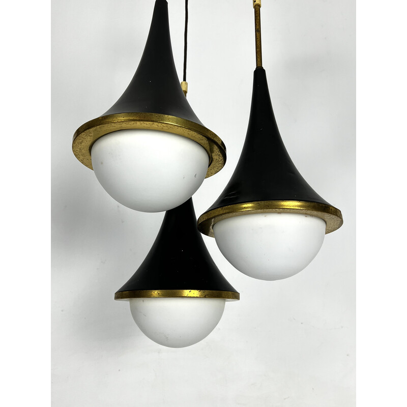 Vintage pendant lamp in brass and opaline glass for Stilnovo, Italy 1950