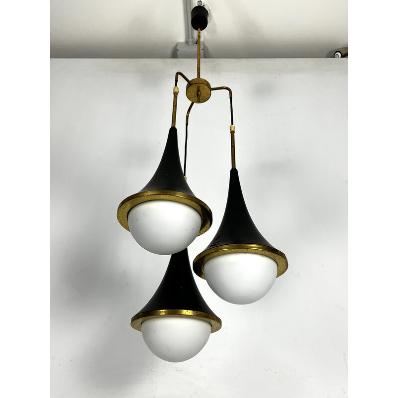 Vintage pendant lamp in brass and opaline glass for Stilnovo, Italy 1950