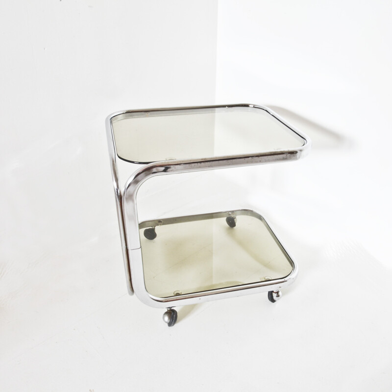 Chromed metal and smoked glass side table - 1970s