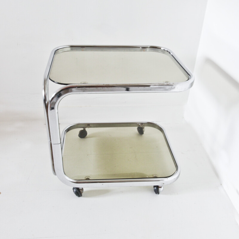 Chromed metal and smoked glass side table - 1970s