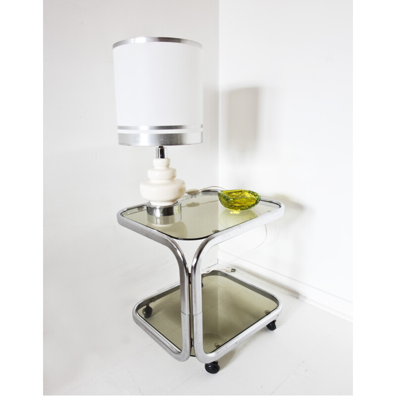 Chromed metal and smoked glass side table - 1970s