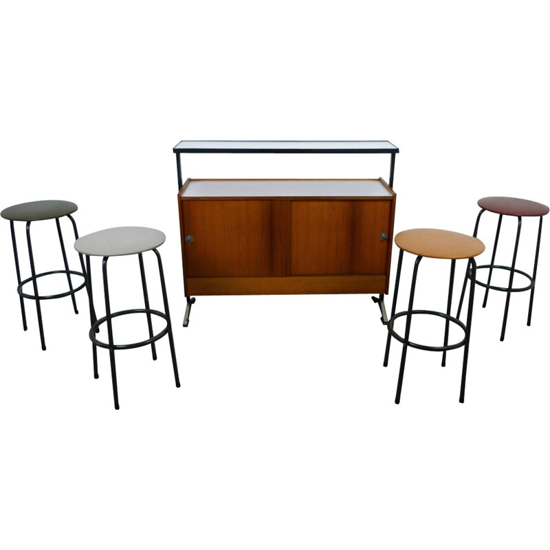 Vintage bar with four bar stools - 1960s