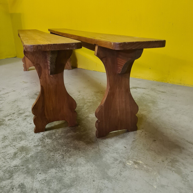 Pair of vintage wooden peasant benches, France 1950