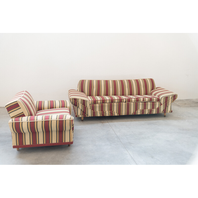 Ensemble de sièges vintage en bois et tissu rayé, Italie 1970