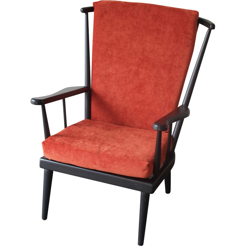 Wooden red armchair with highback -  1960s