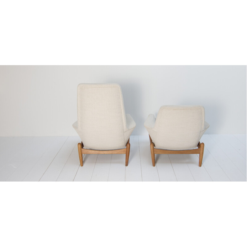 Pair of beige woolen and oakwood easy chairs designed by IB Kofod Larsen - 1960s