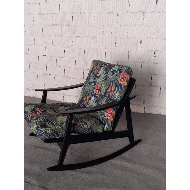 Vintage wooden rocking chair with cushions, Italy