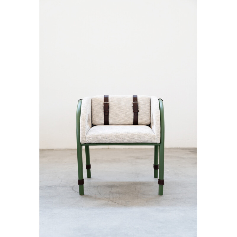 Vintage gebogen houten fauteuils met leren riemen, Italië 2000