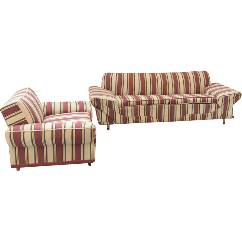 Vintage seat set in wood and striped fabric, Italy 1970