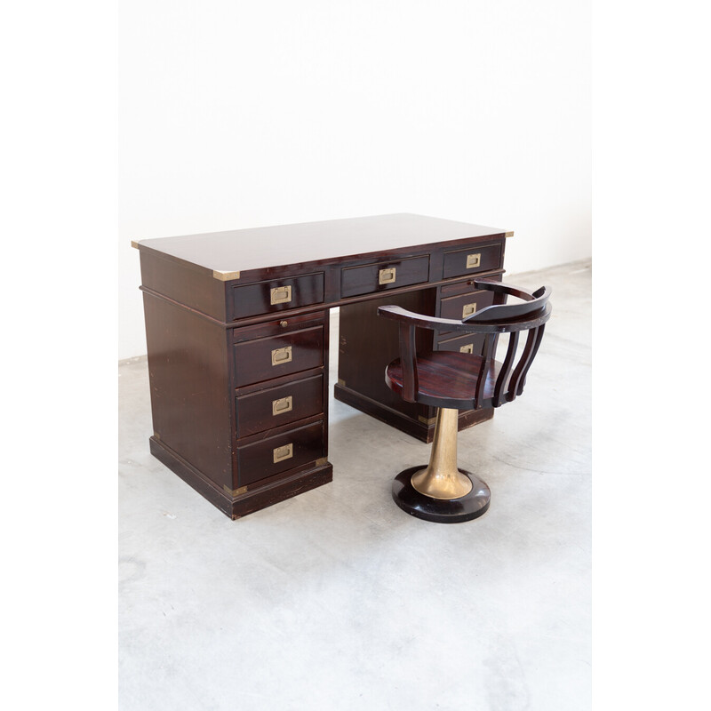 Bureau vintage avec chaise en acajou et laiton, 1970