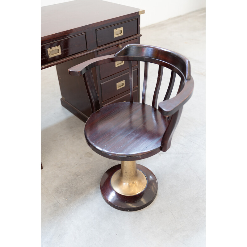 Bureau vintage avec chaise en acajou et laiton, 1970