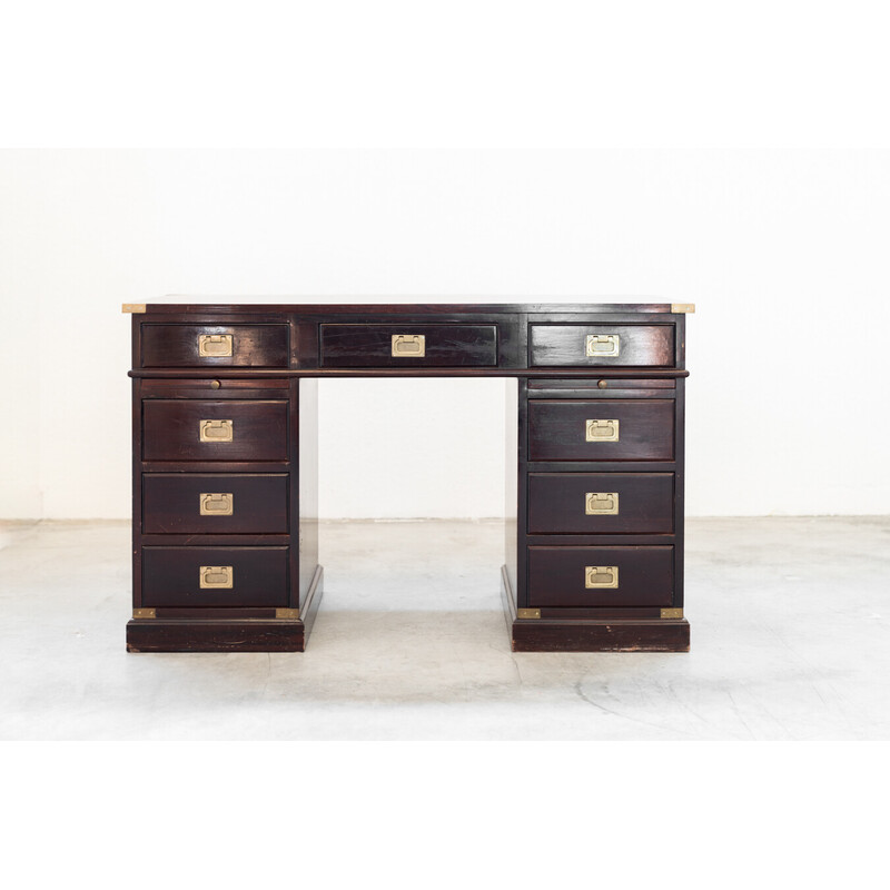 Bureau vintage avec chaise en acajou et laiton, 1970