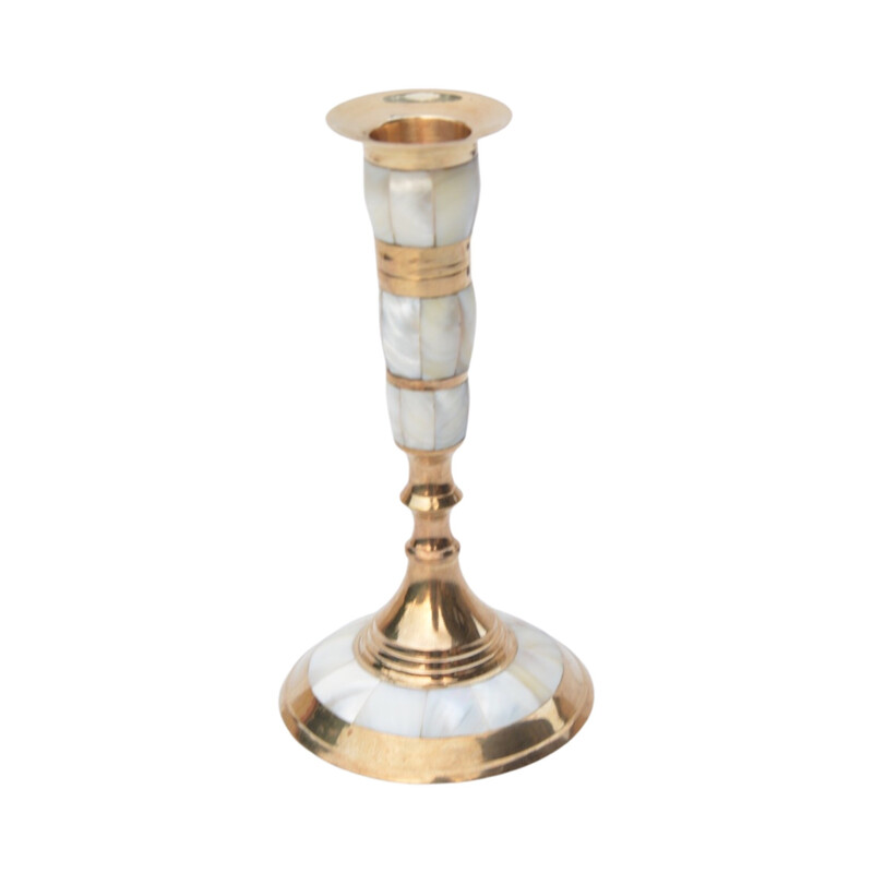 Vintage brass and mother-of-pearl candlestick, India 1970