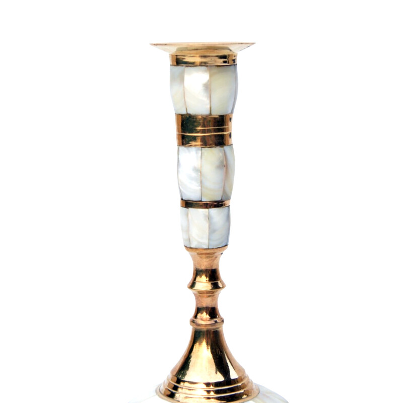 Vintage brass and mother-of-pearl candlestick, India 1970