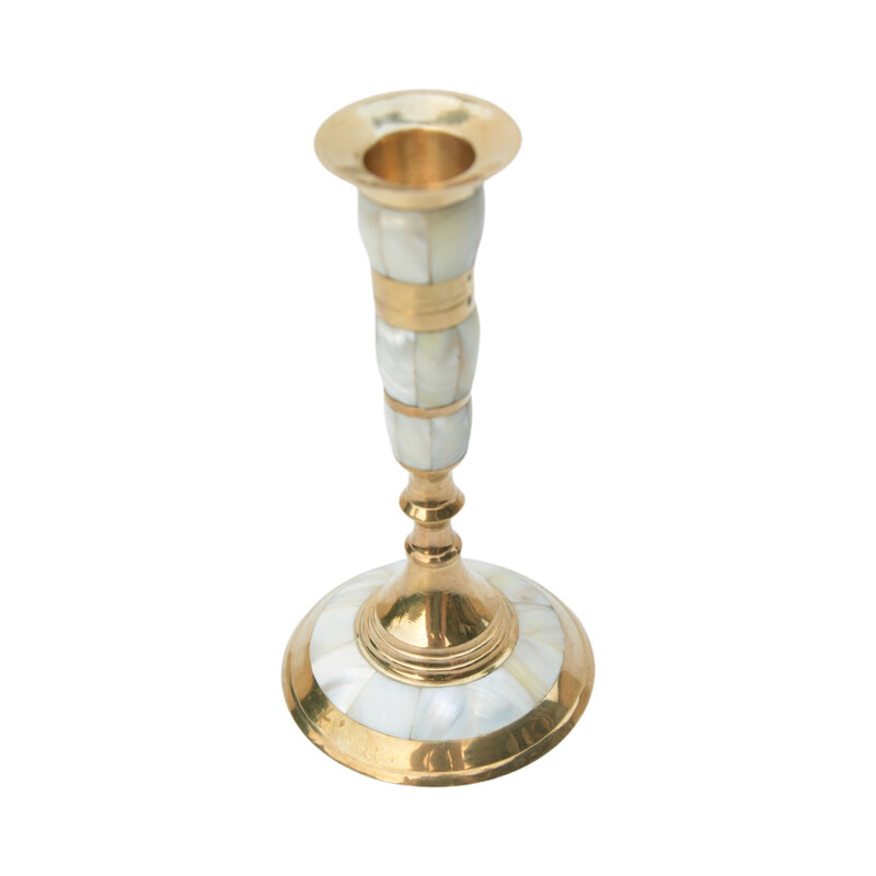 Vintage brass and mother-of-pearl candlestick, India 1970