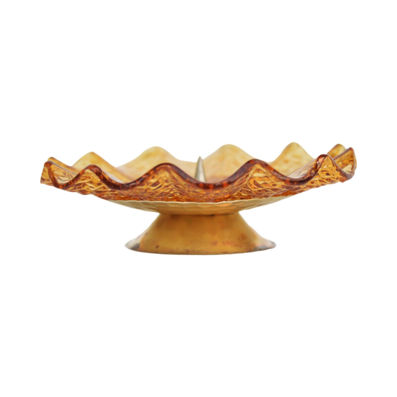 Vintage honey-colored pressed glass candlestick for Prądniczanka, Poland 1970