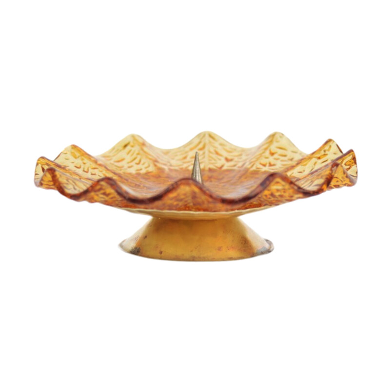 Vintage honey-colored pressed glass candlestick for Prądniczanka, Poland 1970