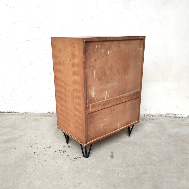 Armário de oficina vintage em madeira maciça e metal com 9 gavetas