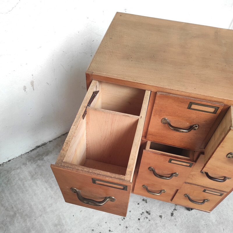 Armário de oficina vintage em madeira maciça e metal com 9 gavetas