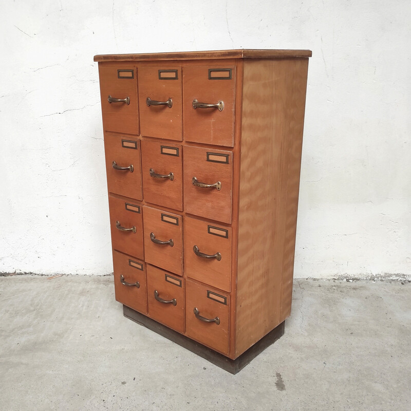 Vintage solid wood workshop cabinet with 12 drawers