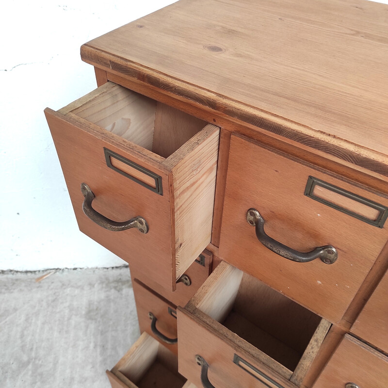 Vintage solid wood workshop cabinet with 12 drawers