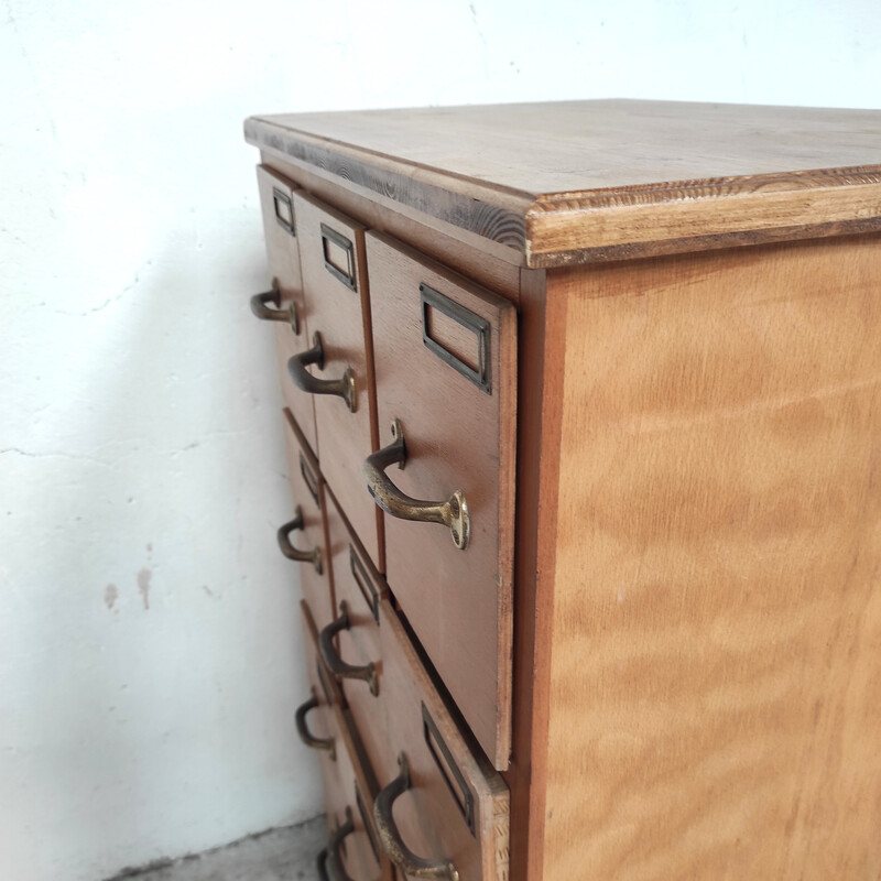 Vintage solid wood workshop cabinet with 12 drawers