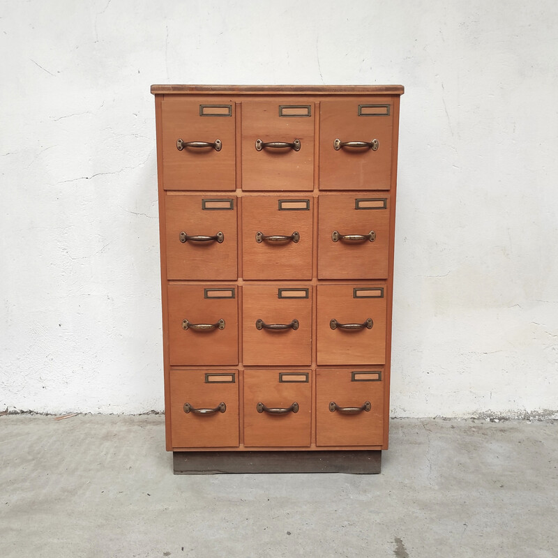 Vintage solid wood workshop cabinet with 12 drawers