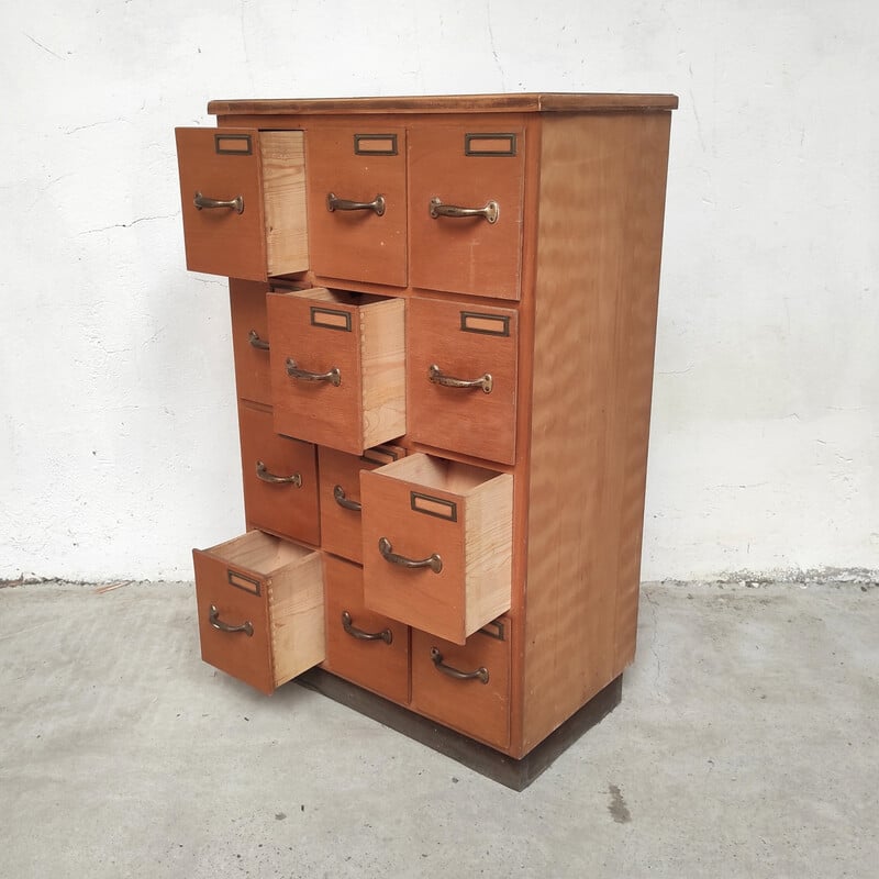 Vintage solid wood workshop cabinet with 12 drawers