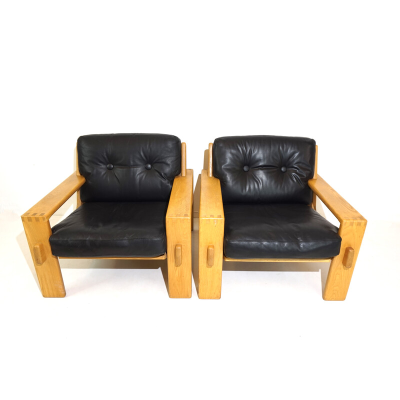 Pair of vintage black leather and wood armchairs by Esko Pajamies, 1960