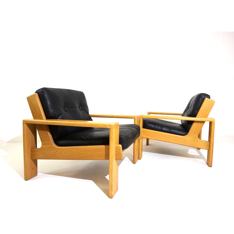 Pair of vintage black leather and wood armchairs by Esko Pajamies, 1960