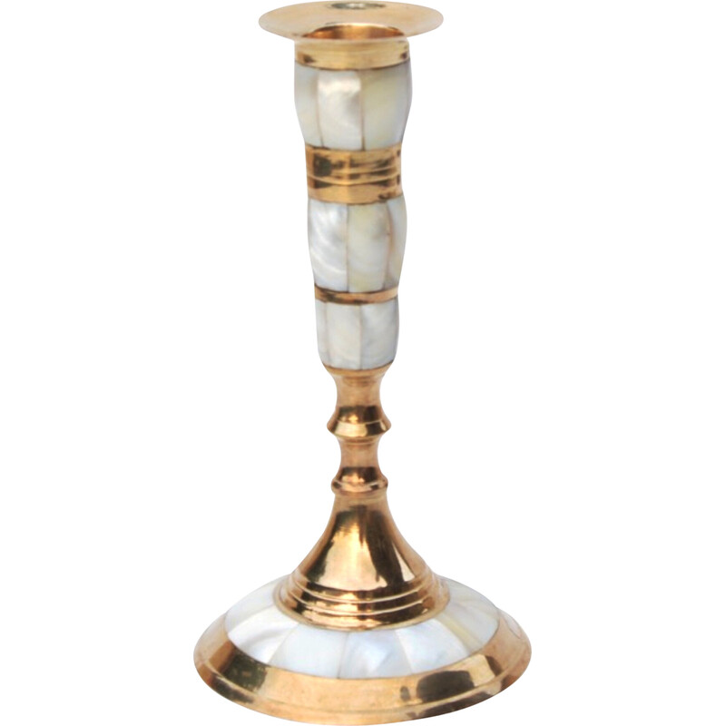 Vintage brass and mother-of-pearl candlestick, India 1970