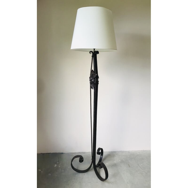 Vintage Art Deco wrought iron floor lamp with flower decoration, 1930