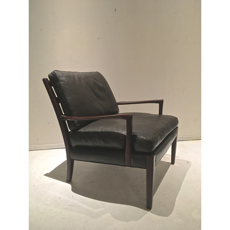 Fauteuil lounge en cuir noir de Arne Norell - 1960