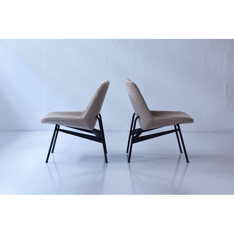 Pair of vintage armchairs in fabric and black lacquered steel by Hans-Harald Molander for Nordiska Kompaniet, Sweden 1950