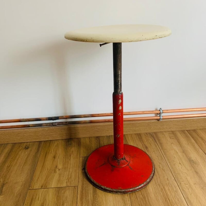 Vintage industrial stool in red metal and wood for Mirima, 1970