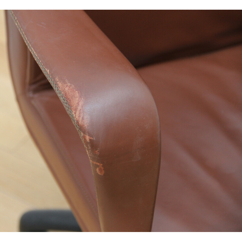 Set of 4 vintage office chairs by Poltrona Frau in black stained metal and brown leather