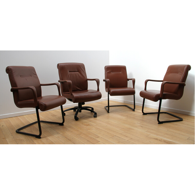 Set of 4 vintage office chairs by Poltrona Frau in black stained metal and brown leather