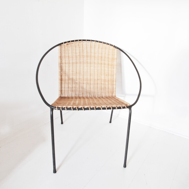 Mid century metal and rattan armchair - 1960s