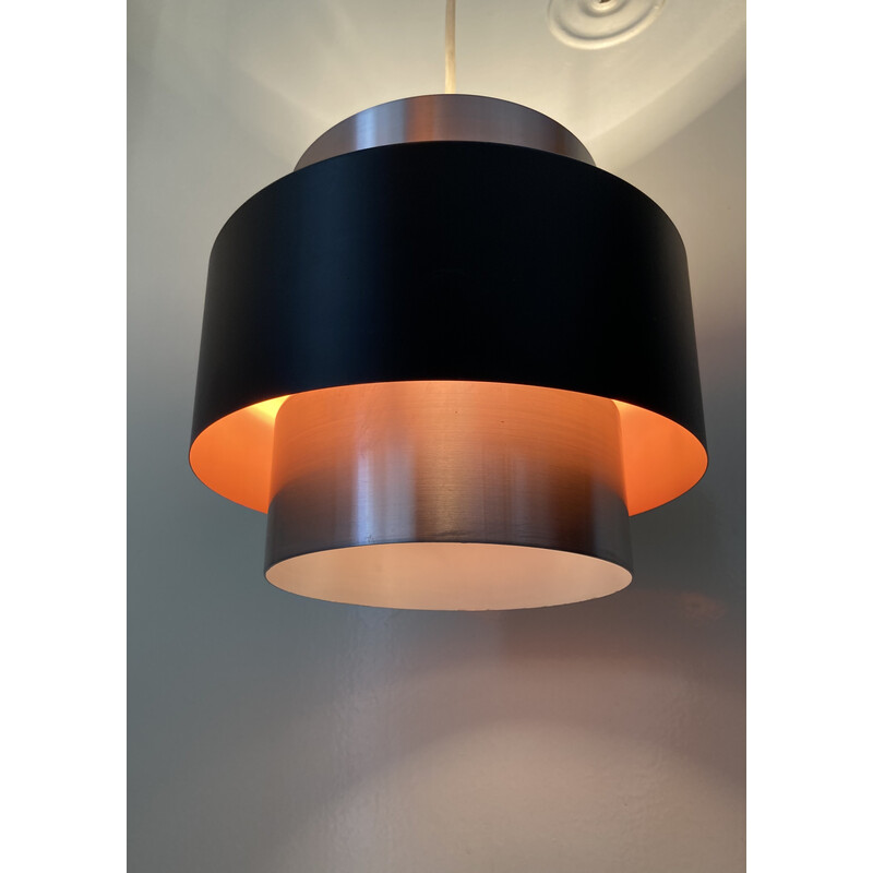 Vintage pendant lamp in brushed aluminum and black lacquered metal by Jo Hammerborg For Fog and Morup, Denmark 1960