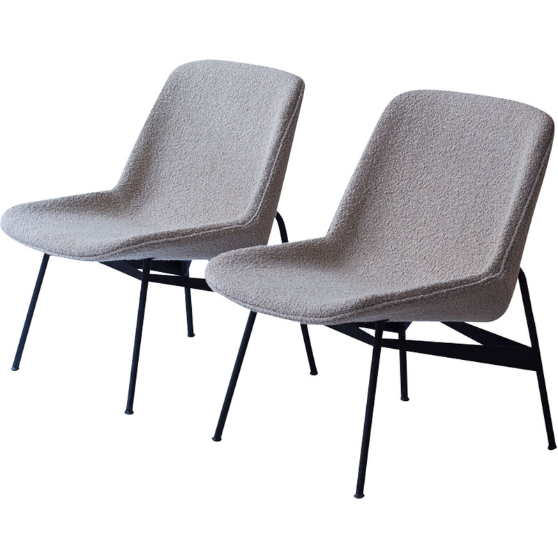 Pair of vintage armchairs in fabric and black lacquered steel by Hans-Harald Molander for Nordiska Kompaniet, Sweden 1950