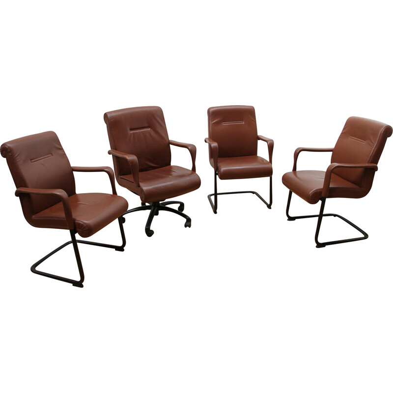 Set of 4 vintage office chairs by Poltrona Frau in black stained metal and brown leather